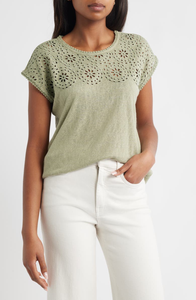 Bobeau Caty Embroidered Eyelet Tank, Main, color, Light Olive
