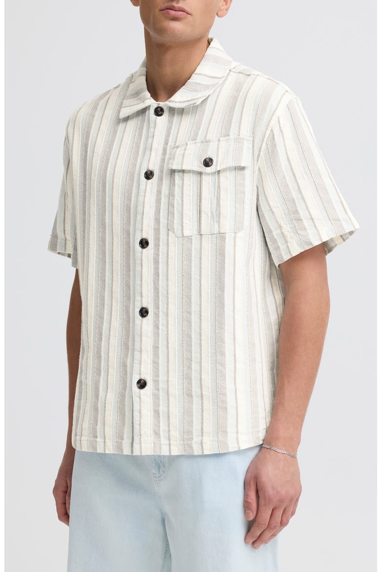Umber Stripe Short Sleeve Linen Blend Button-Up Shirt, Main, color, SKYWAY
