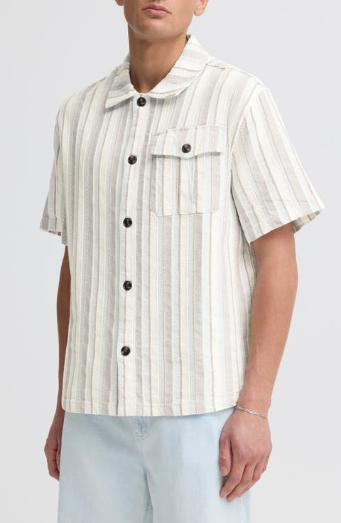 Umber Stripe Short Sleeve Linen Blend Button-Up Shirt