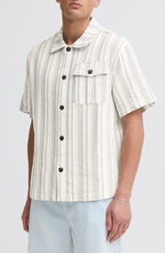 !SOLID Umber Stripe Short Sleeve Linen Blend Button-Up Shirt