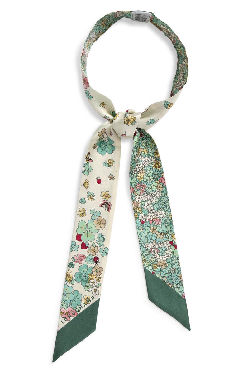 Longchamp Fleurs Silk Bandana Scarf, Main, color, Green