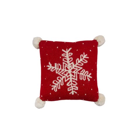 Vintage Snowflake Pillow Handwoven Mini Accent Pillow w/ PomPoms 10" x 10"
