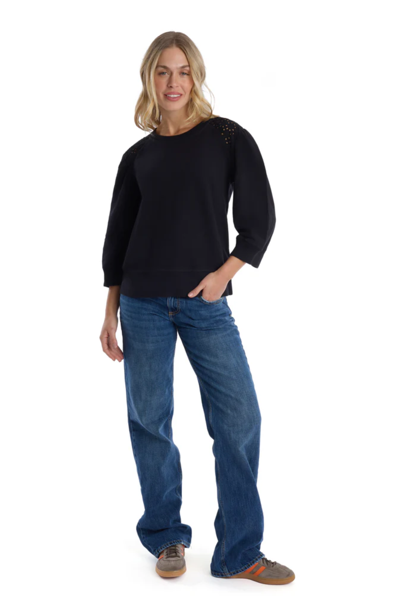 3/4 Sleeve with Eyelet Mix Top, Alternate, color, Black