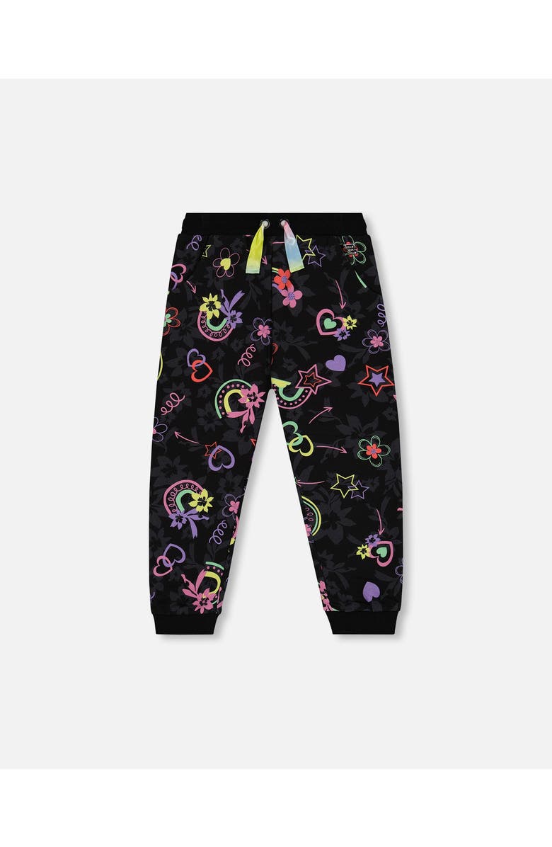 Deux par Deux Little Girl's Joggers Black Printed Rainbow Hearts, Main, color, 