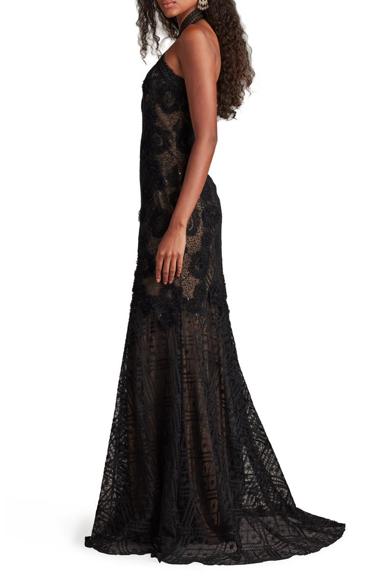 Embroidered Sequin Lace Halter Neck Gown, Alternate, color, BLACK/ BEIGE