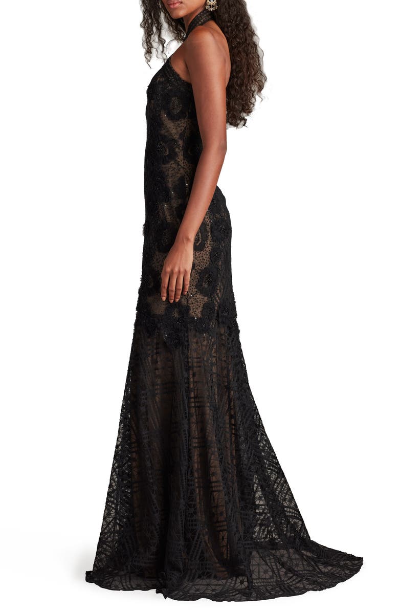 Tadashi Shoji Embroidered Sequin Lace Halter Neck Gown, Alternate, color, Black/ Beige