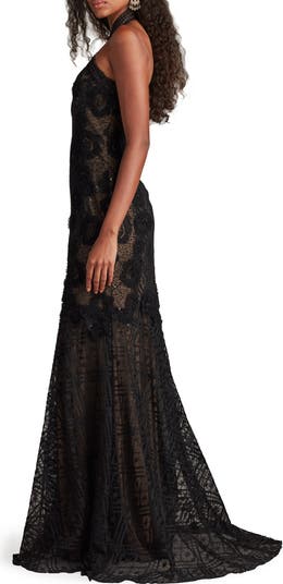 Embroidered Sequin Lace Halter Neck Gown