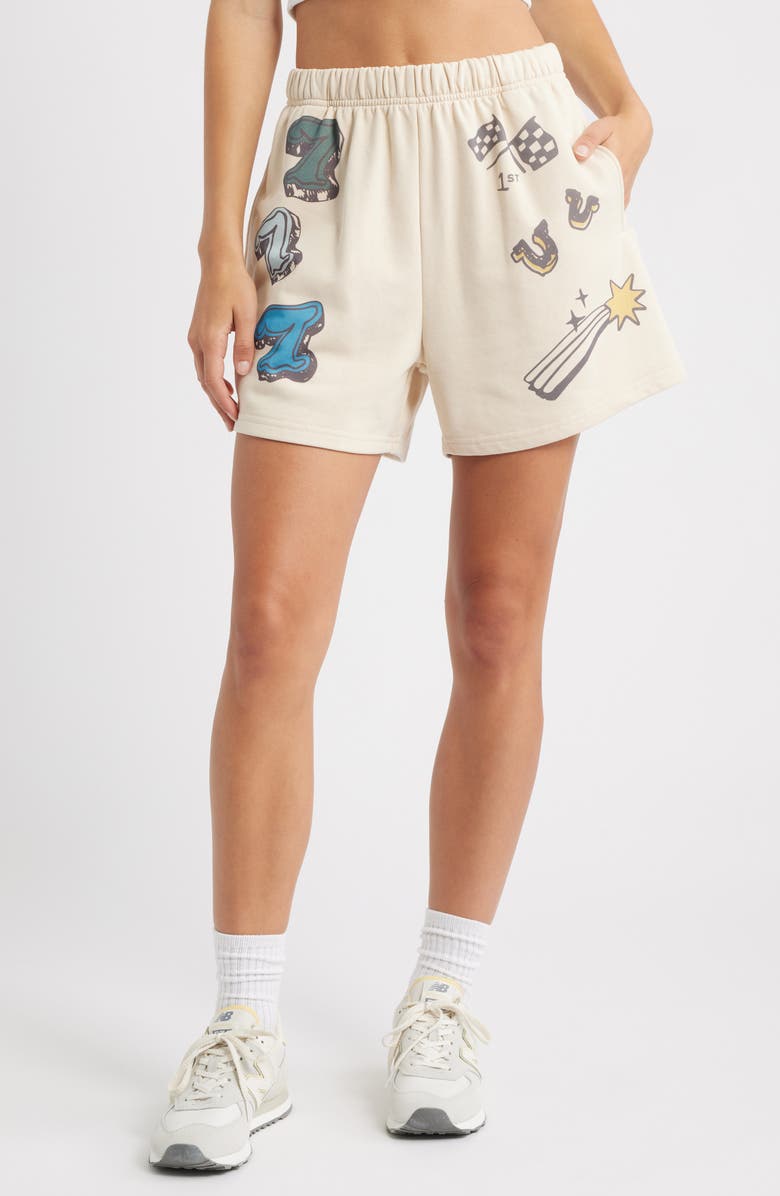 THE MAYFAIR GROUP Feeling Lucky Graphic Sweat Shorts, Main, color, Cream