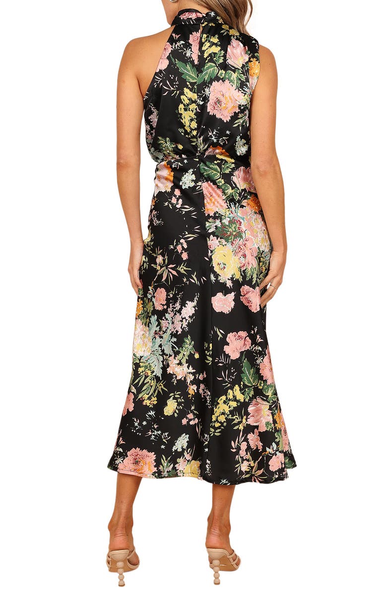 Petal & Pup Anabelle Funnel Neck Satin Midi Dress, Alternate, color, Black Floral