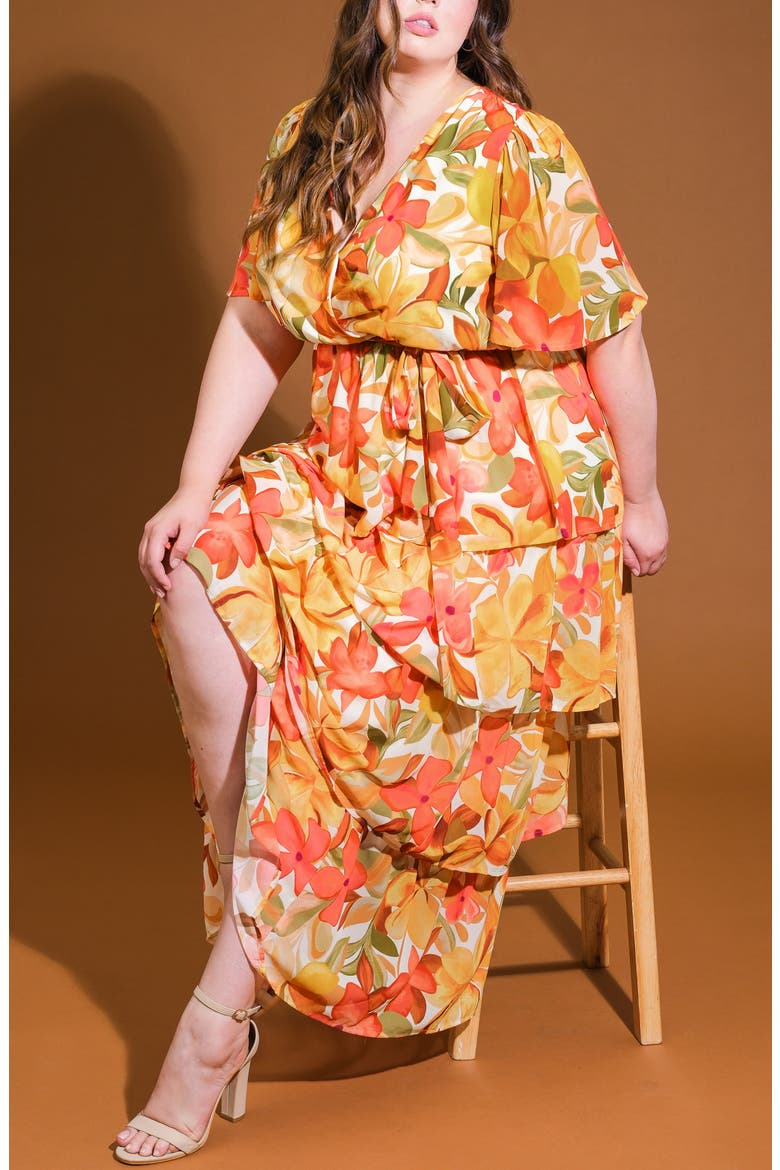 Printed Tie Waist Tiered Maxi Dress, Alternate, color, IVORY MUSTARD