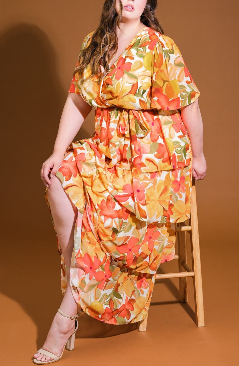 FLYING TOMATO Printed Tie Waist Tiered Maxi Dress, Alternate, color, Ivory Mustard