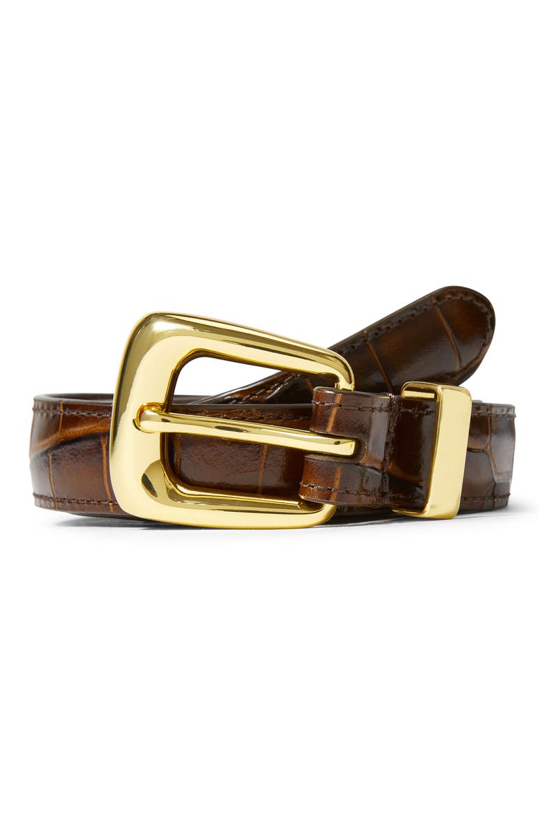 Arch Croc Embossed Leather Skinny Belt, Alternate, color, CHESTNUT