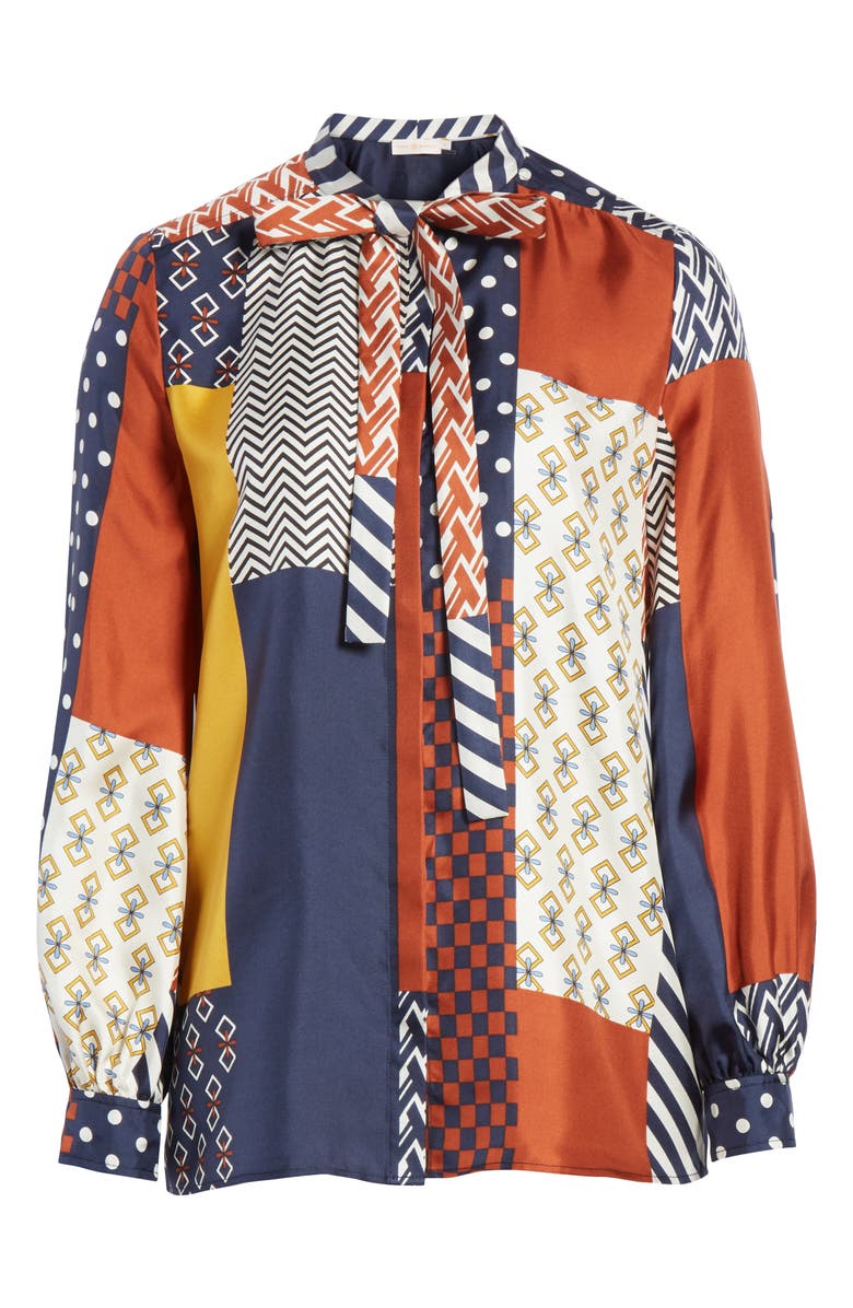 Tory Burch Vivian Patchwork Silk Top, Alternate, color, 