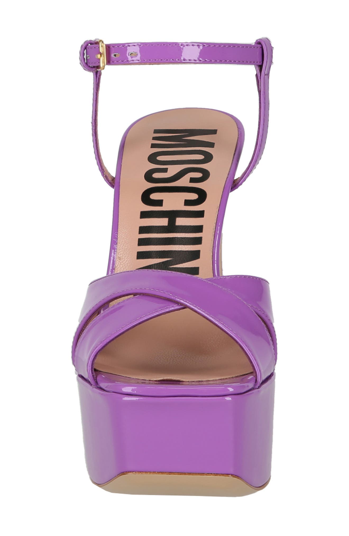 Moschino Patent Leather Ankle Strap Platform Sandal, Alternate, color, Hyacinth