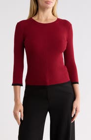 T Tahari Piping Trim Ribbed Crewneck Sweater