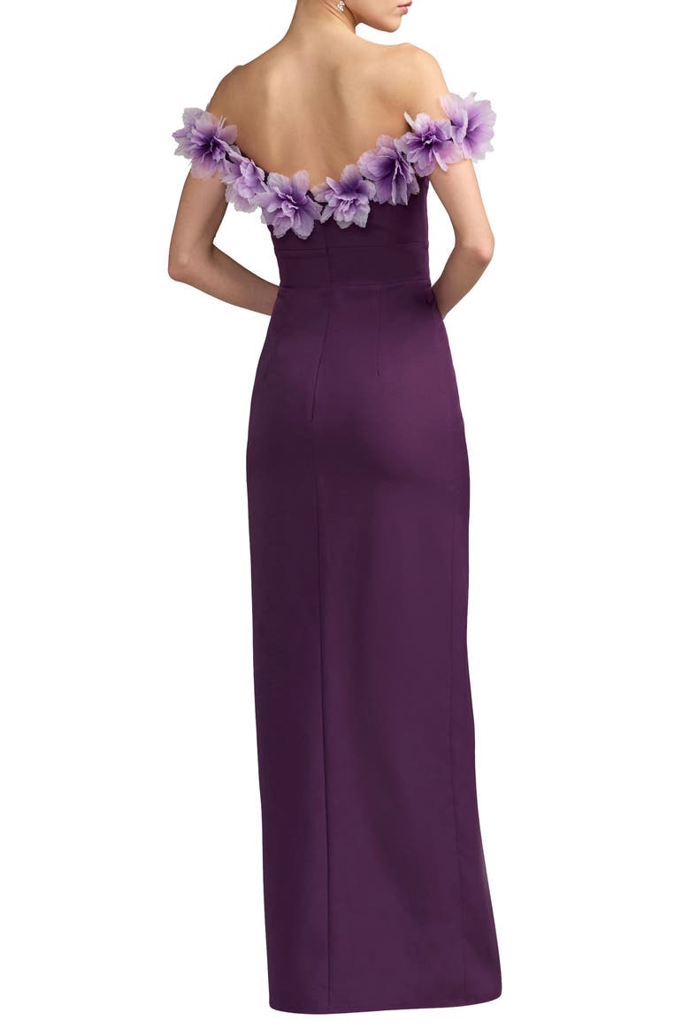 Off The Shoulder Column Gown With 3D Flowers, Alternate, color, Plum
