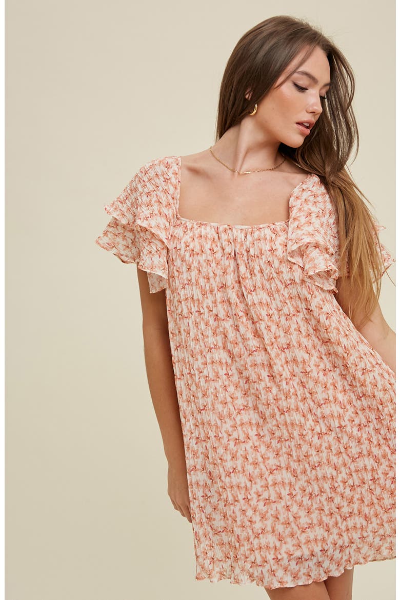 Floral Pleated Minidress, Alternate, color, APRICOTDNU