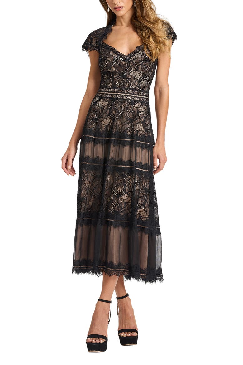 Lace V-Neck Midi Dress, Main, color, BLACK/ NUDE
