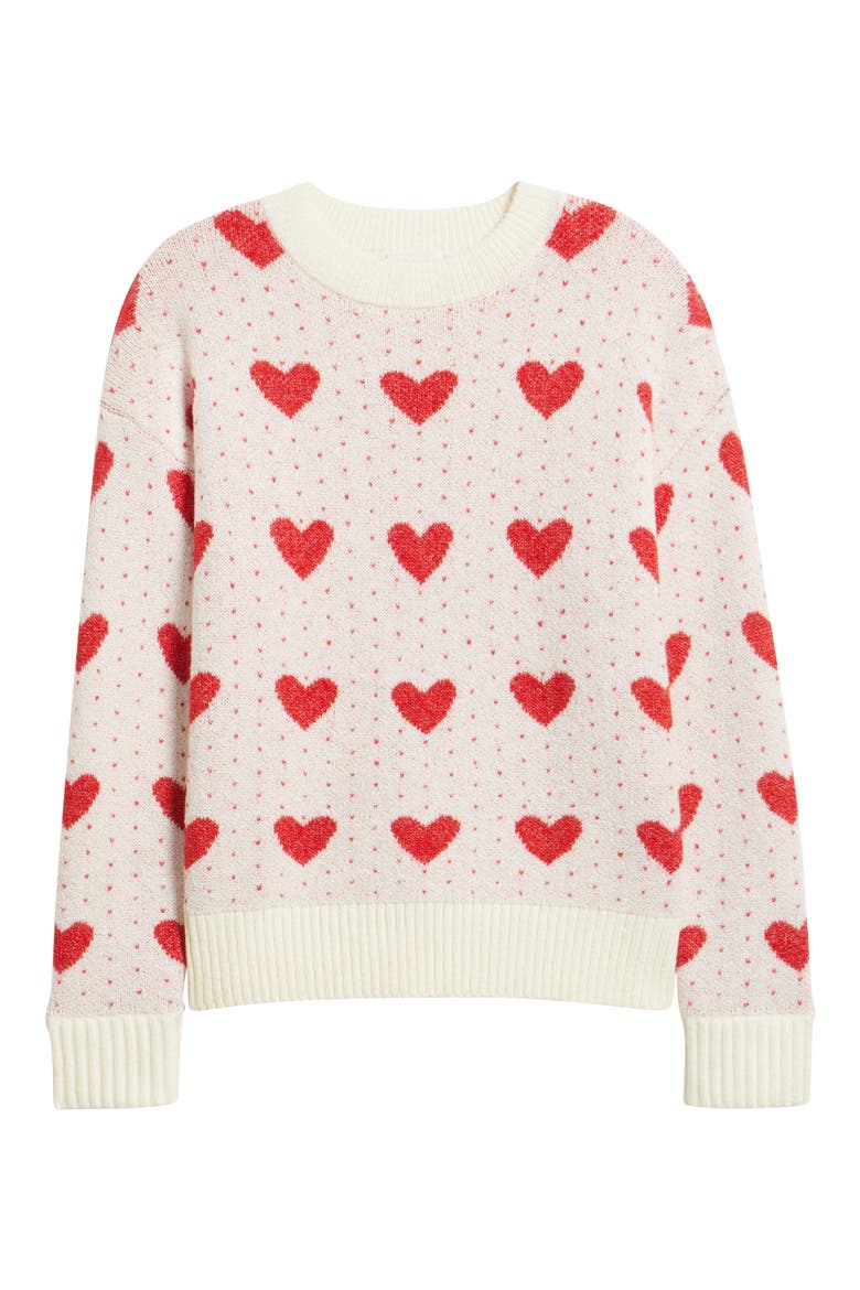 Jacquard Heart Crewneck Sweater, Alternate, color, IVORY PRISTINE- RED HEART