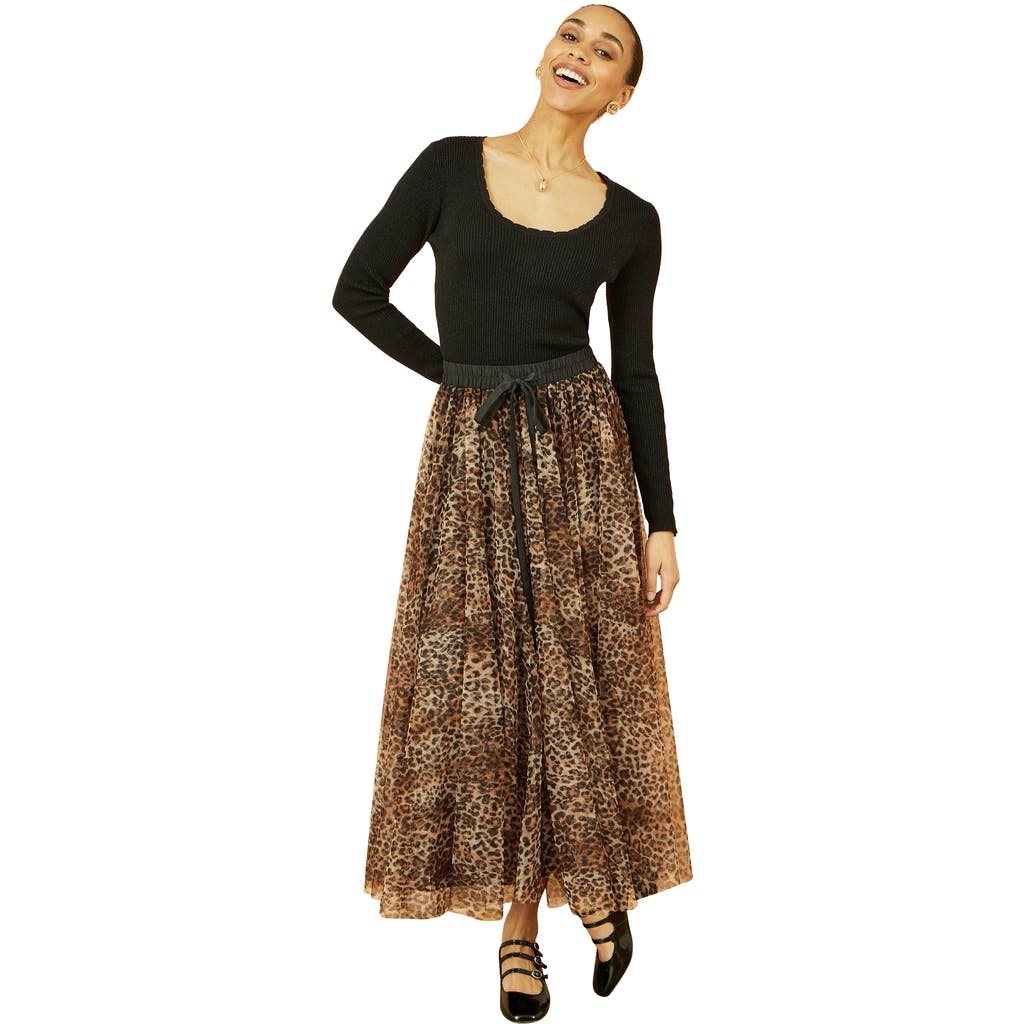 Yumi Mesh Heart Print Tulle Skirt In Brown