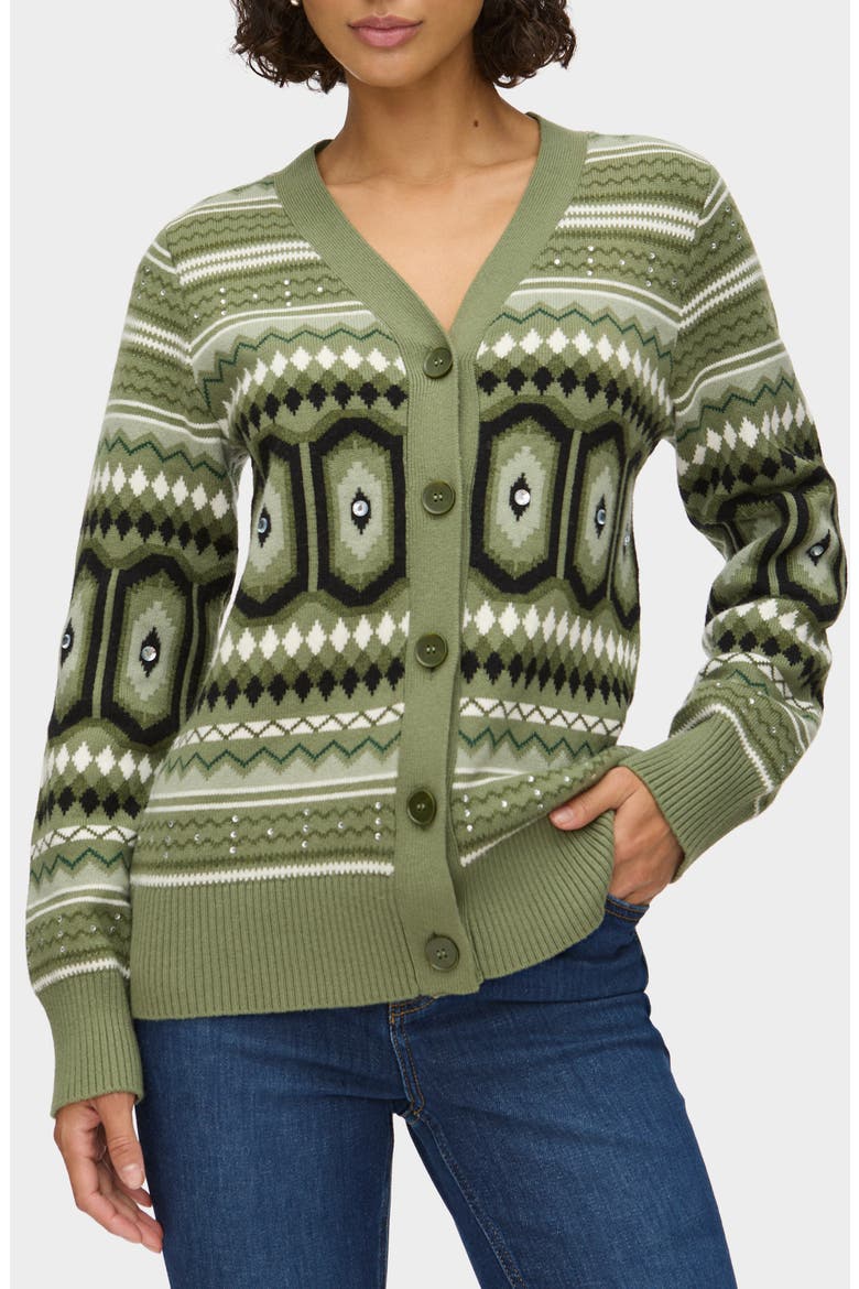 Federika Embellished Fair Isle Cotton & Wool Blend Cardigan, Main, color, GREEN