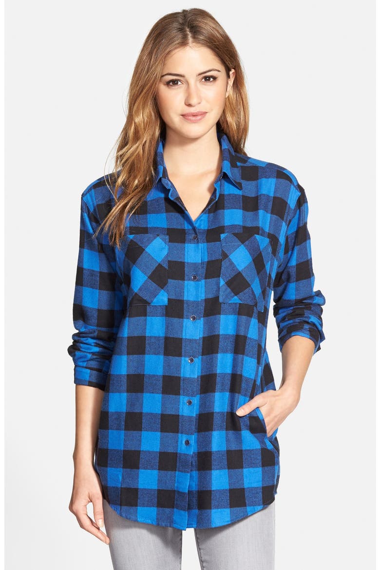 Plaid Cotton Flannel Boyfriend Shirt, Main, color, BLUE BUFFALO PLAID
