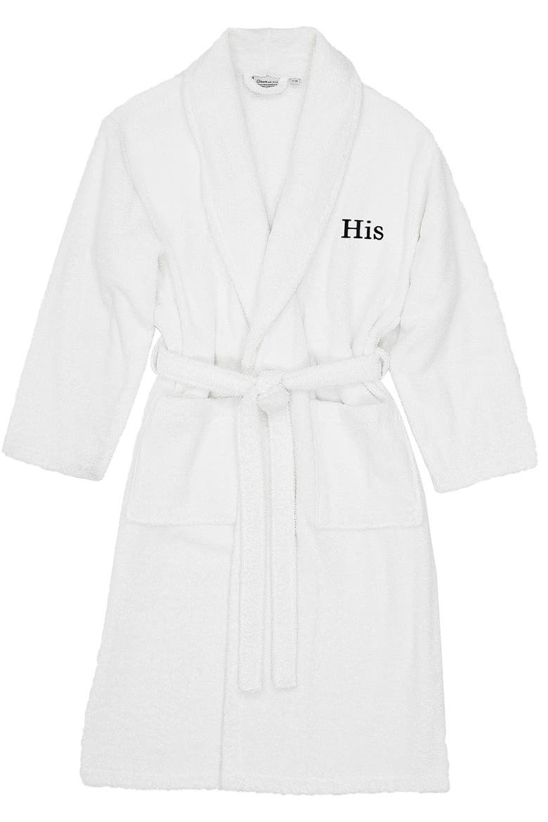 Embroidered 'His' Terry Bathrobe, Main, color, WHITE