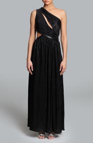 Ghrail Chelsea Cutout One-Shoulder Metallic Gown with Faux Leather Trim
