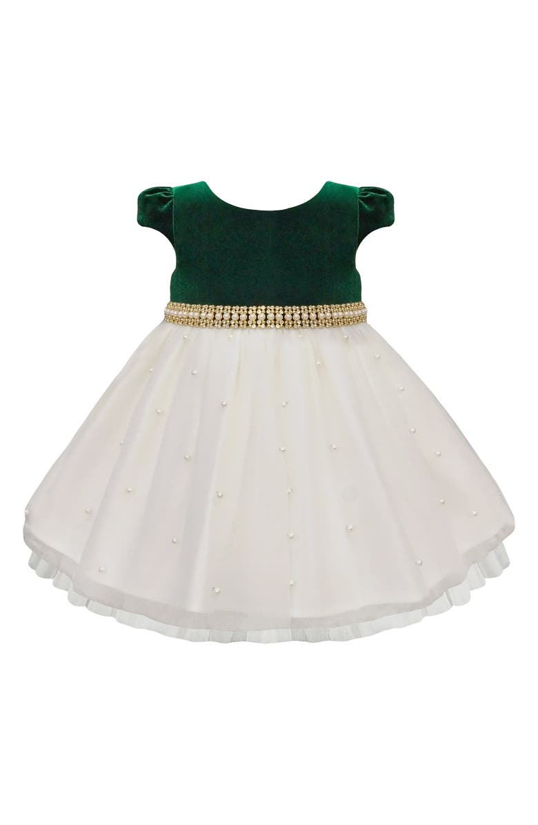 AMERICAN PRINCESS Velvet Faux Pearl Mesh Dress, Main, color, Emerald Green