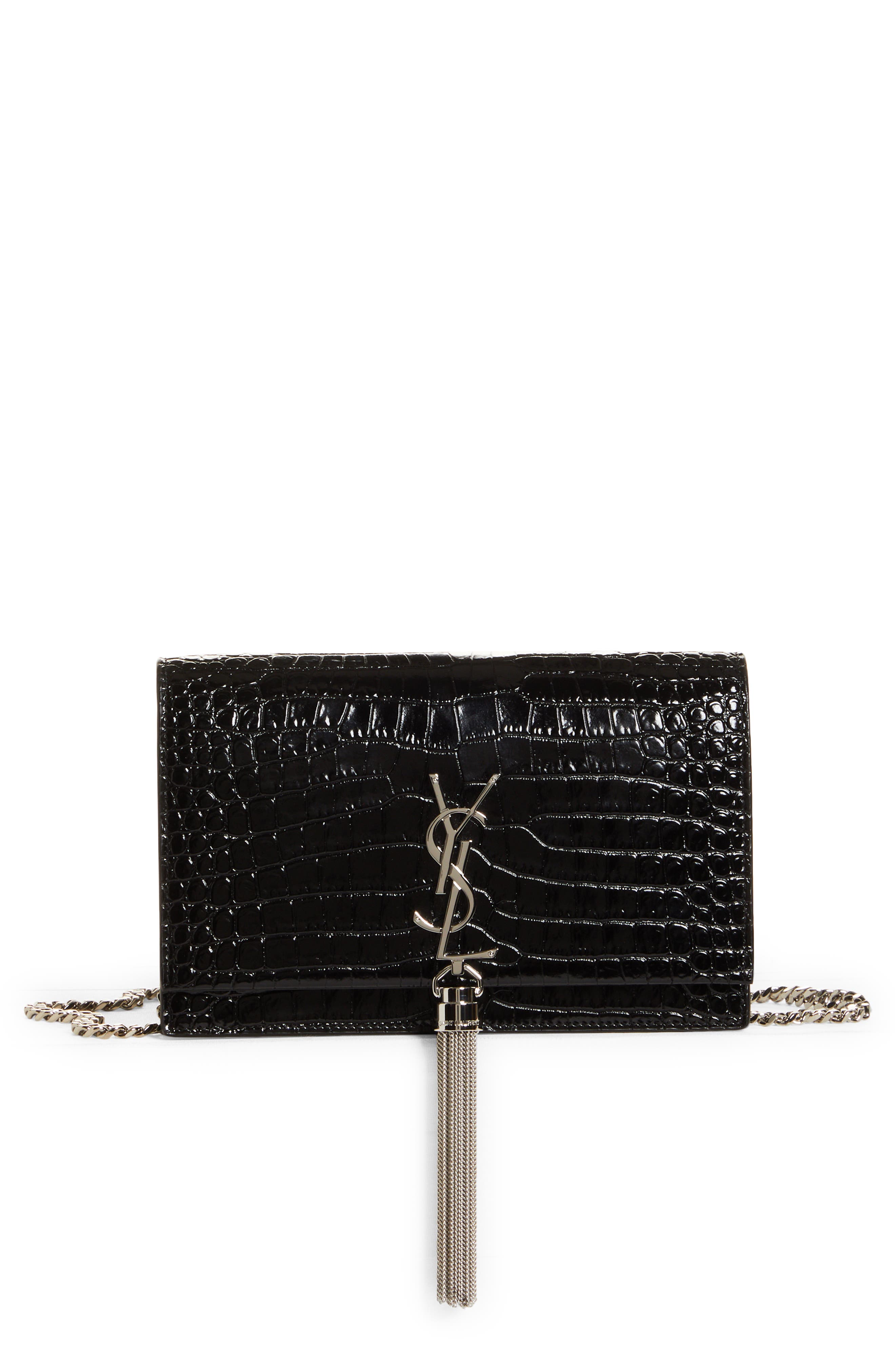 Kate Croc Embossed Leather Wallet on a Chain, Main, color, NERO
