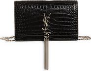 Saint Laurent Kate Croc Embossed Leather Wallet on a Chain