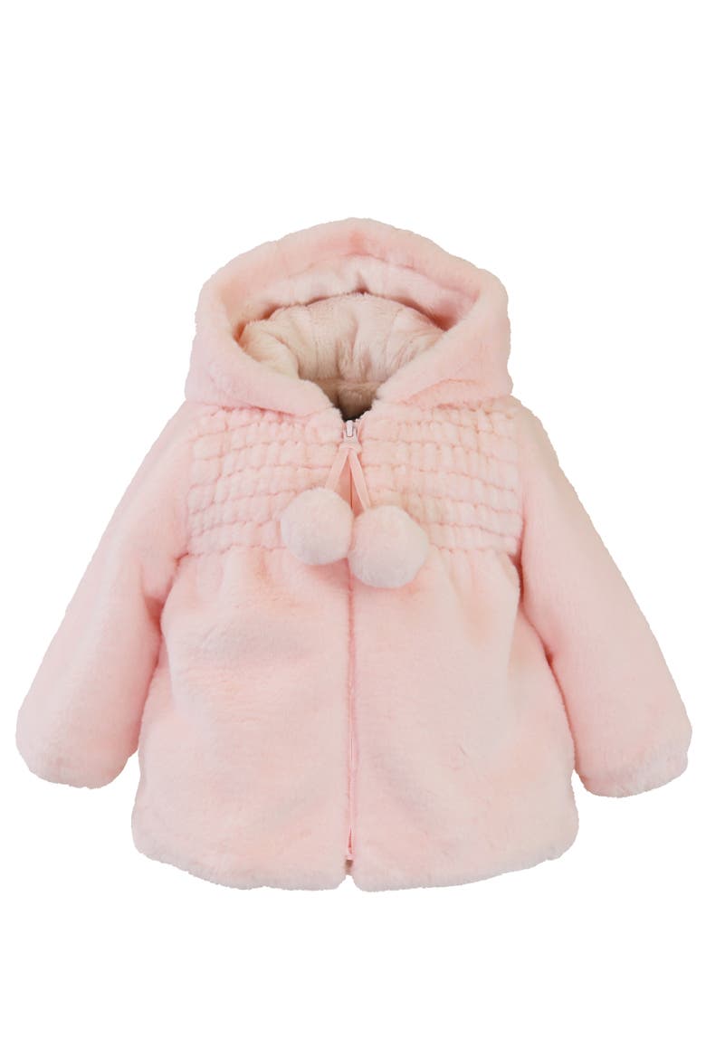 Faux Fur Hooded Zip Front Smocked Jacket, Main, color, Rose Puff