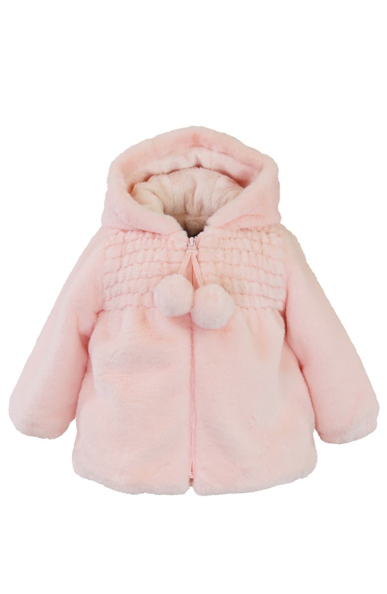 Widgeon Faux Fur Hooded Zip Front Smocked Jacket, Main, color, Rose Puff