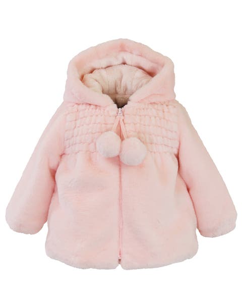 Faux Fur Hooded Zip Front Smocked Jacket (Baby)