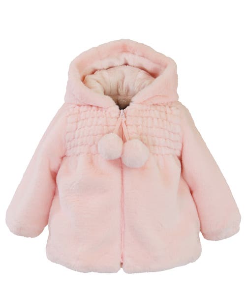 Widgeon Babies'  Faux Fur Hooded Zip Front Smocked Jacket In Pink