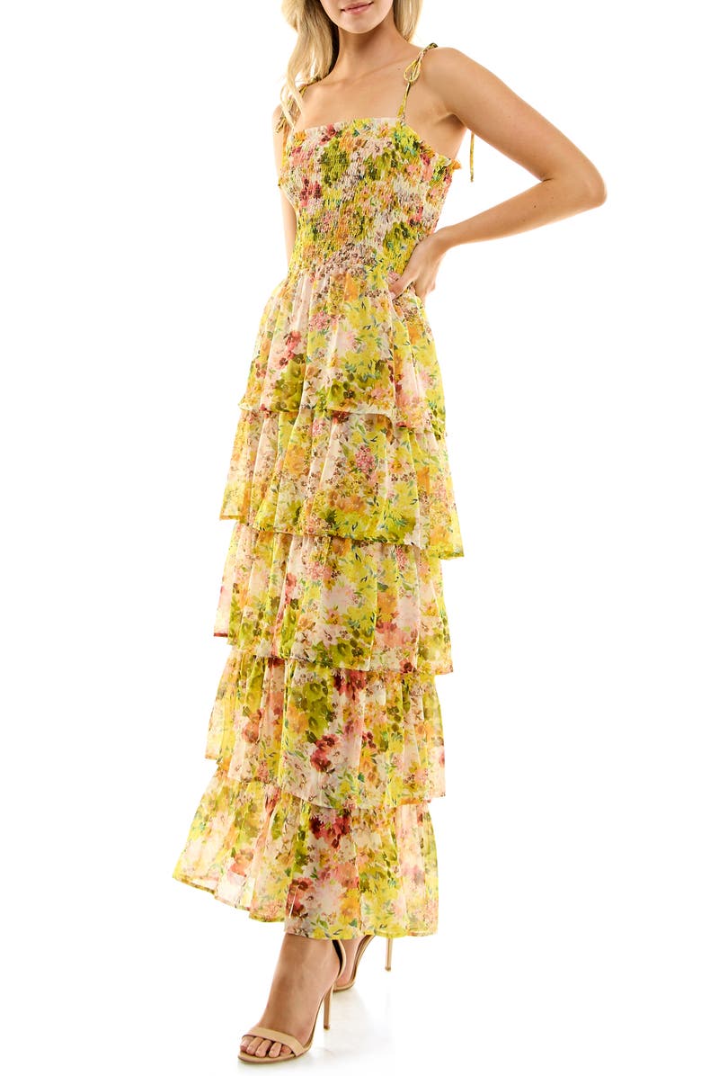 Socialite Floral Print Smocked Tiered Maxi Dress, Alternate, color,
