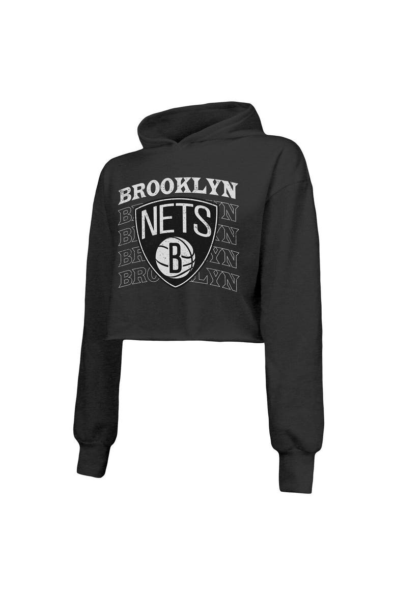Women's Majestic Threads Black Brooklyn Nets Repeat Cropped Tri-Blend Pullover Hoodie, Alternate, color, Black
