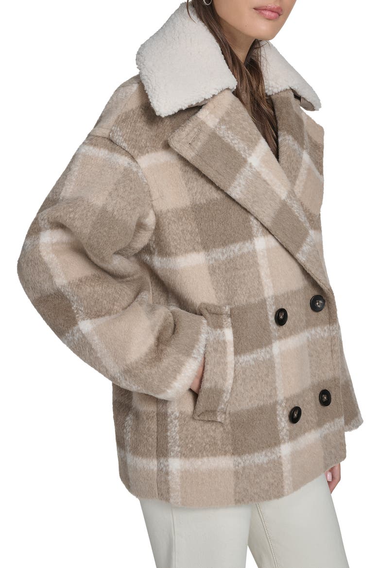 Plaid Short Peacoat with Removable Faux Shearling Collar, Alternate, color, CAMEL COMB