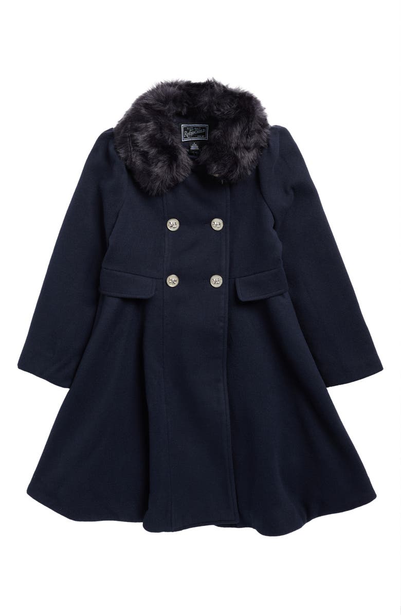 Rothschild Kids' Princess Faux Fur Collar Double Breasted Tweed Coat, Main, color, Dark Navy