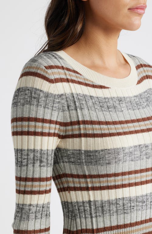 Treasure & Bond Stripe Long Sleeve Rib Midi Sweater Dress In Grey- Brown Vary Stripe