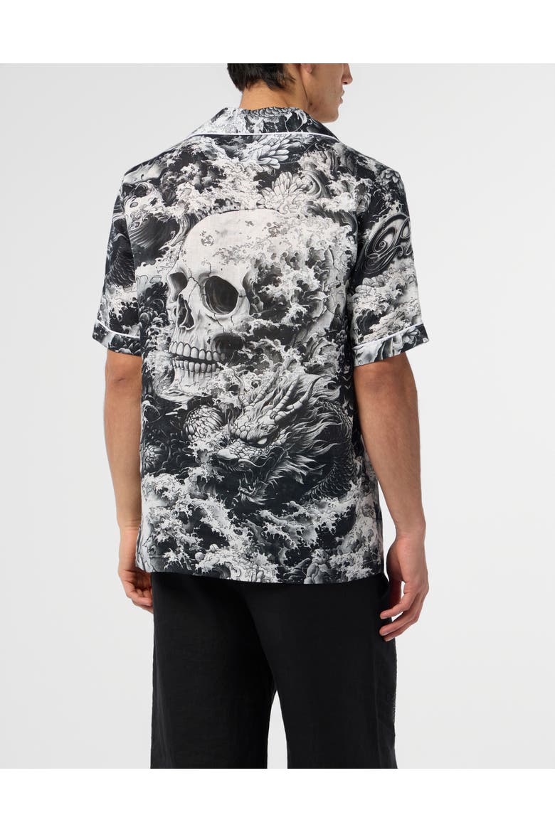 Linen Bowling Shirt All-Over Ceramic Men, Alternate, color, black