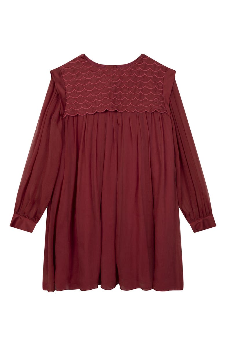 Chloé Kids' Scallop Trim Long Sleeve Silk Crepe Dress, Main, color, 
