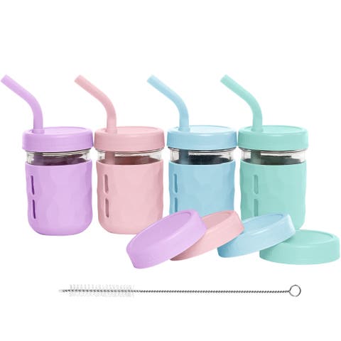 Glass Cups with Lids & Straws, Spill-resistant Cups for Toddlers & Kids - 8/12oz, Set of 4