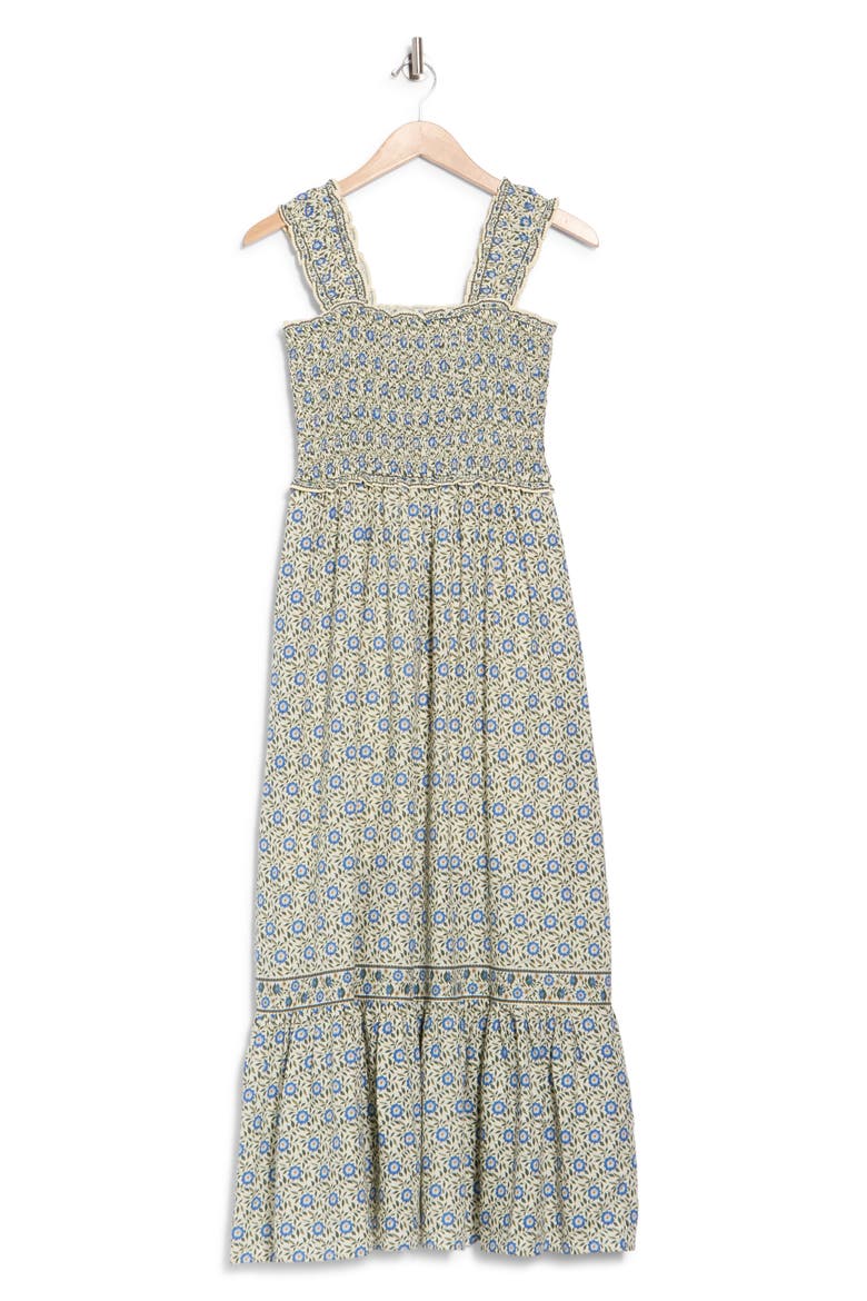 Smocked Bodice Maxi Dress, Alternate, color, CREAM/ BLUE DIAGONAL SUNFLOWER