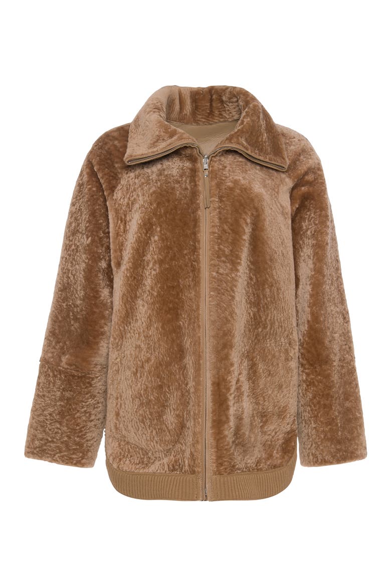 Reversible Genuine Shearling Jacket, Stand Collar, Alternate, color, LATTE