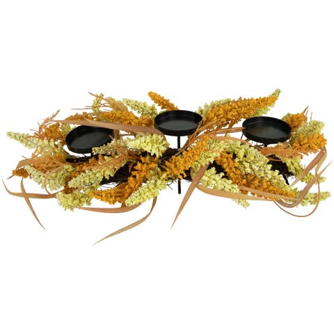 Autumn Harvest Triple Candle Holder with Artificial Fall Foliage - 22"