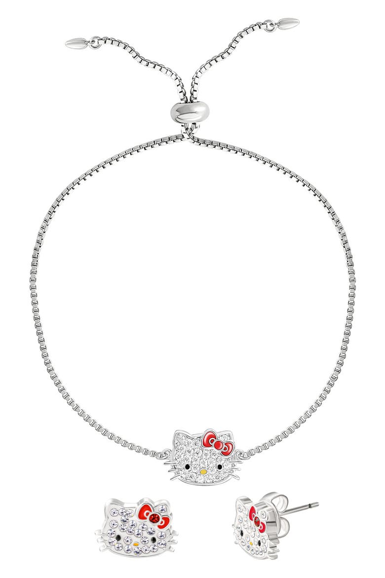 Hello Kitty® Pavé Cubic Zirconia & Enamel Bracelet & Stud Earrings Set, Alternate, color, GOLD AND WHITE