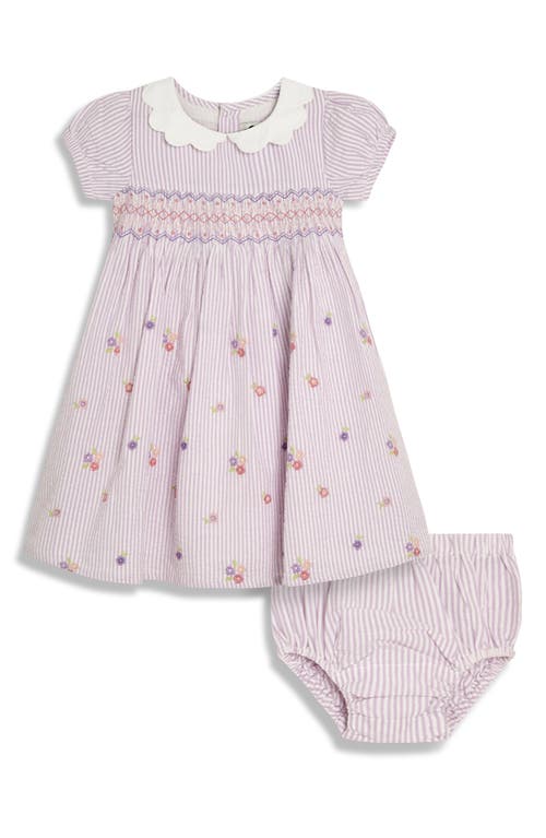 Jojo Maman Bébé Jojo Maman Bebe Floral Embroidered Seersucker Smocked Bodice Dress & Bloomers In Lilac