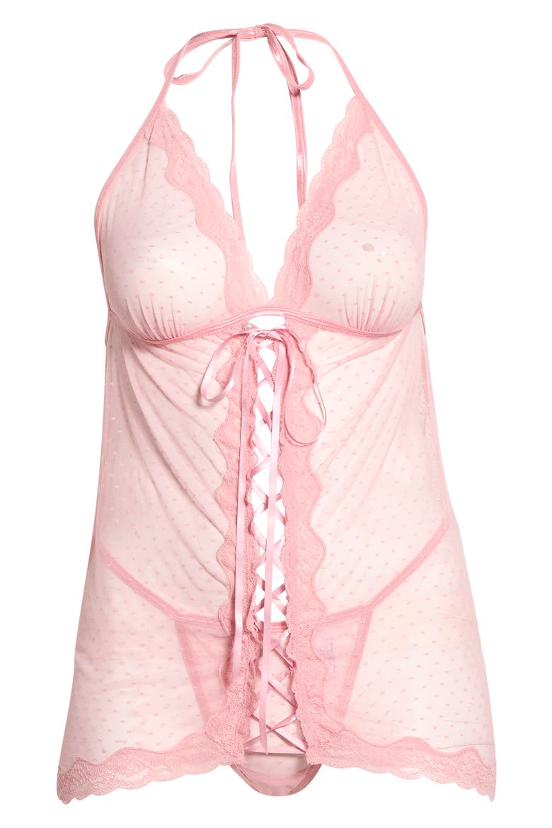 Swiss Dot Mesh Basque & G-String Set, Alternate, color, PETAL PINK