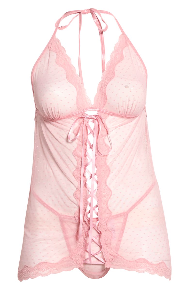 Dreamgirl Swiss Dot Mesh Basque & G-String Set, Alternate, color, Petal Pink